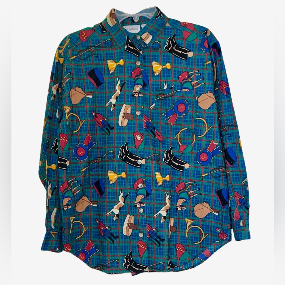 Tangibles Vintage Equestrian Riding Hunting Blue Ribbon Trophy Shirt Size Small